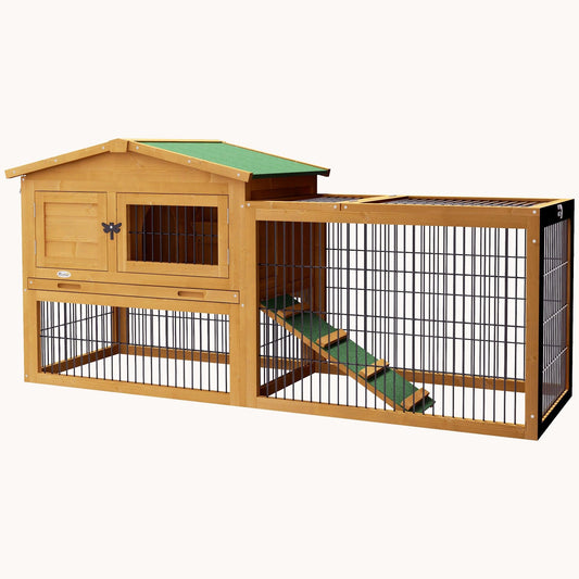 59" 2-Level Outdoor Rabbit Hutch with Weatherproof Roof, Ramp & Removable Tray, Yellow