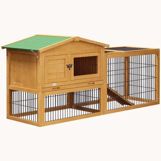 59" 2-Level Outdoor Rabbit Hutch with Weatherproof Roof, Ramp & Removable Tray, Yellow