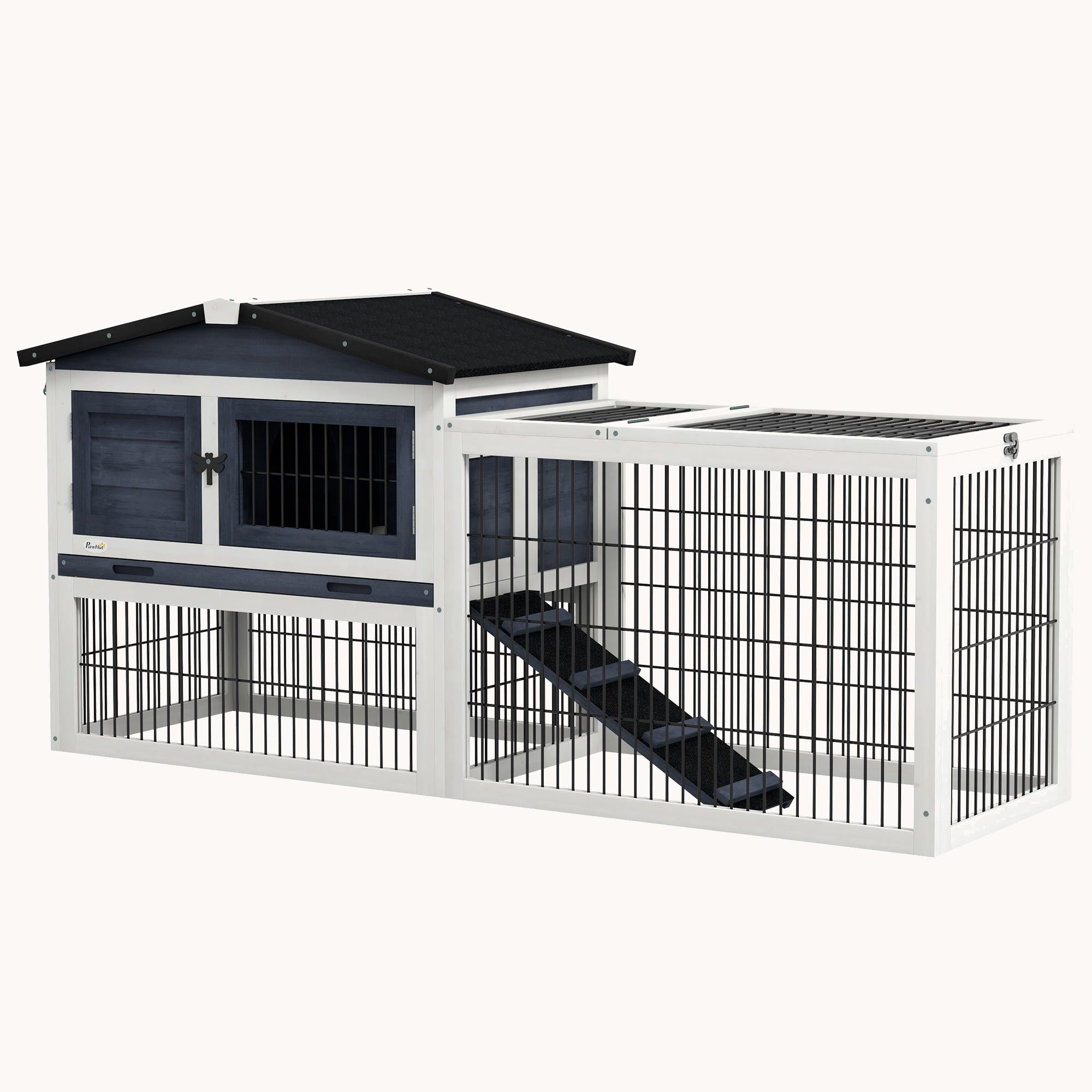 59" Wooden Rabbit Hutch with Openable Top, Asphalt Roof, Ramp & No-Leak Tray, Dark Gray