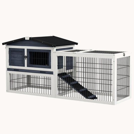 59" Wooden Rabbit Hutch with Openable Top, Asphalt Roof, Ramp & No-Leak Tray, Dark Gray