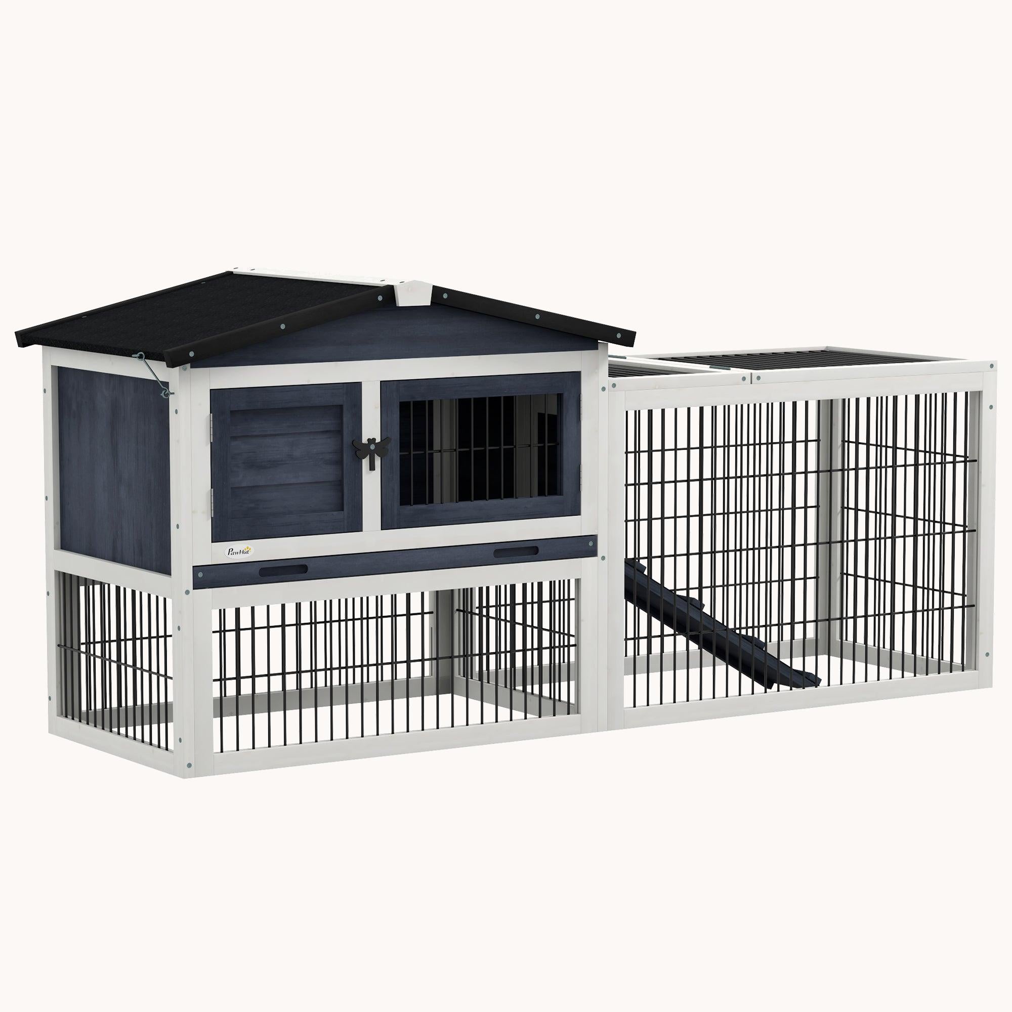59" Wooden Rabbit Hutch with Openable Top, Asphalt Roof, Ramp & No-Leak Tray, Dark Gray