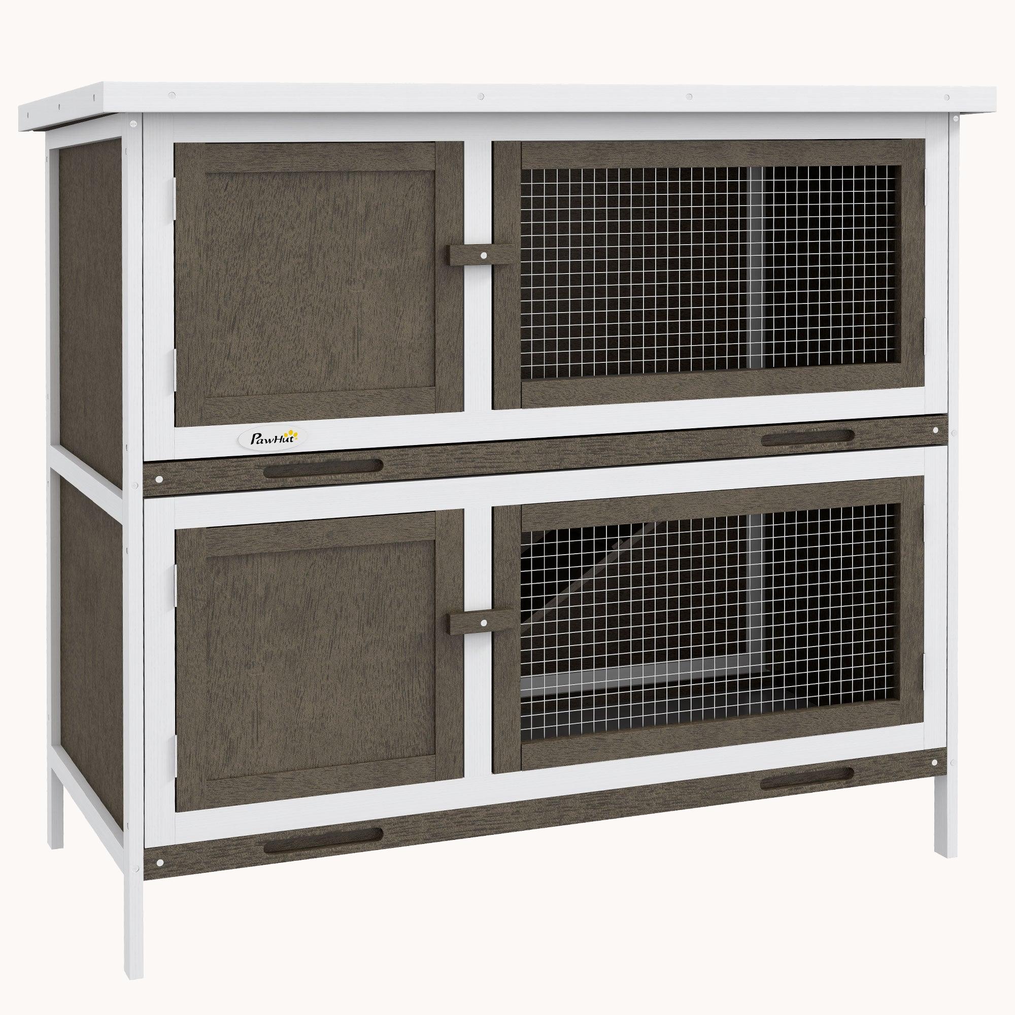 Wooden Rabbit Hutch with Ramp, Removable Tray & Weatherproof Roof, Brown