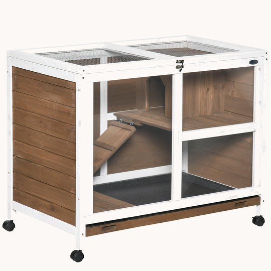 Compact Wooden Rabbit Hutch with Wheels, Waterproof, Removable Tray & Openable Roof, Brown