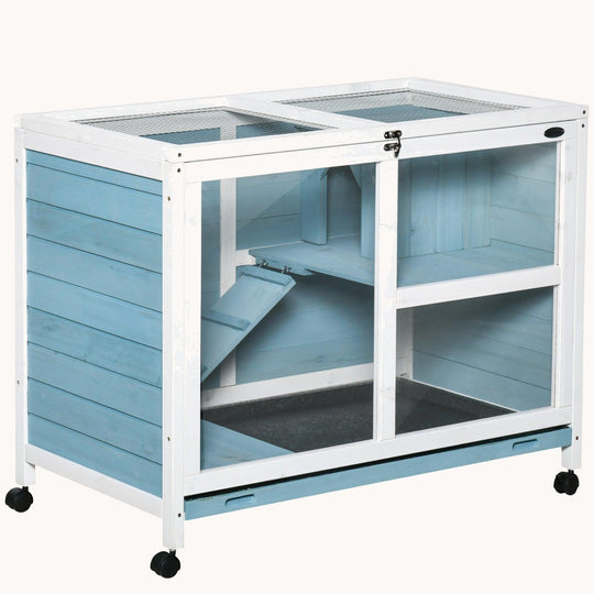 Compact Wooden Rabbit Hutch with Wheels, Waterproof, Removable Tray & Openable Roof, Light Blue