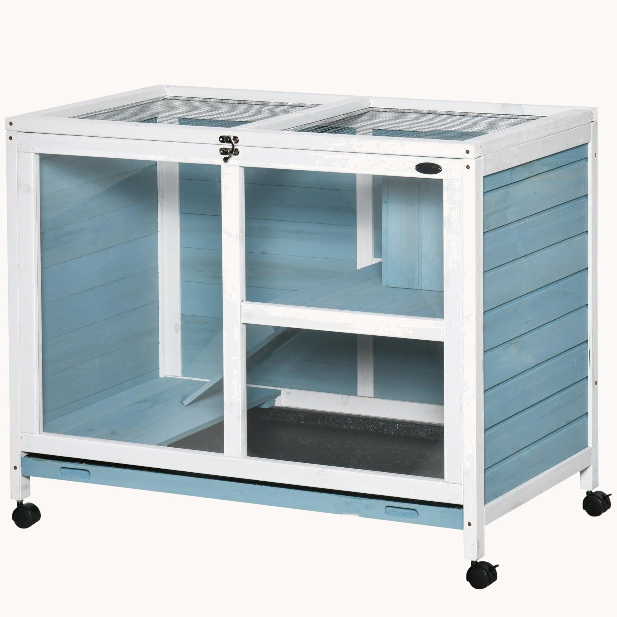 Compact Wooden Rabbit Hutch with Wheels, Waterproof, Removable Tray & Openable Roof, Light Blue