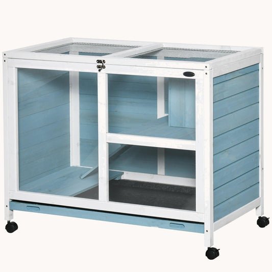 Compact Wooden Rabbit Hutch with Wheels, Waterproof, Removable Tray & Openable Roof, Light Blue