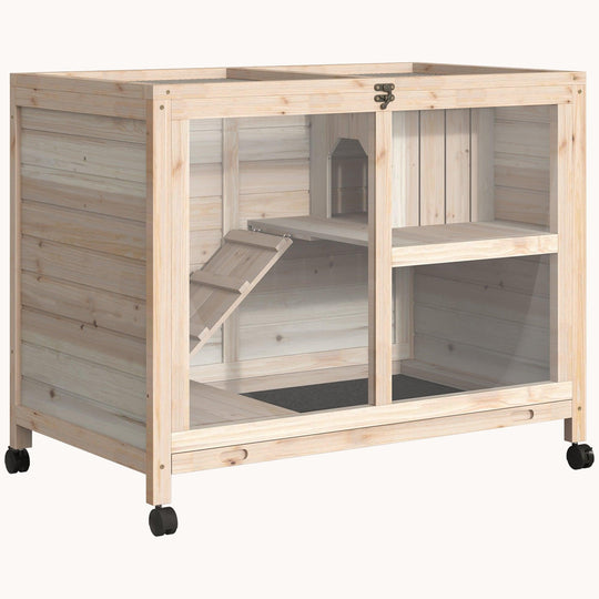 Small Wooden Rabbit Hutch with Wheels, Waterproof, Natural