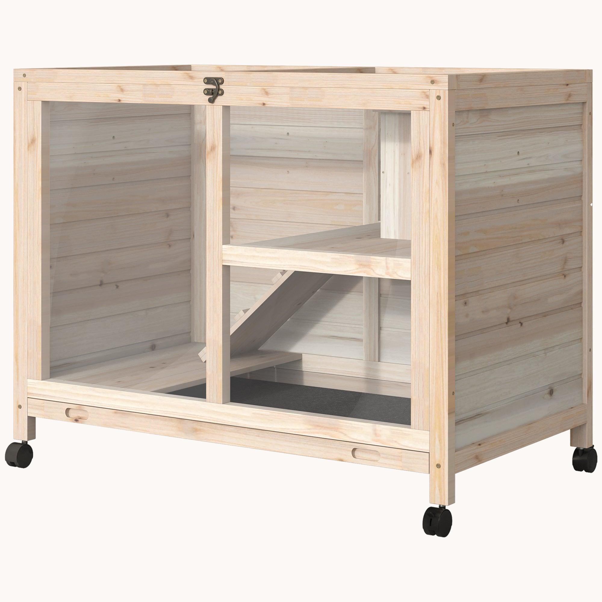 Small Wooden Rabbit Hutch with Wheels, Waterproof, Natural