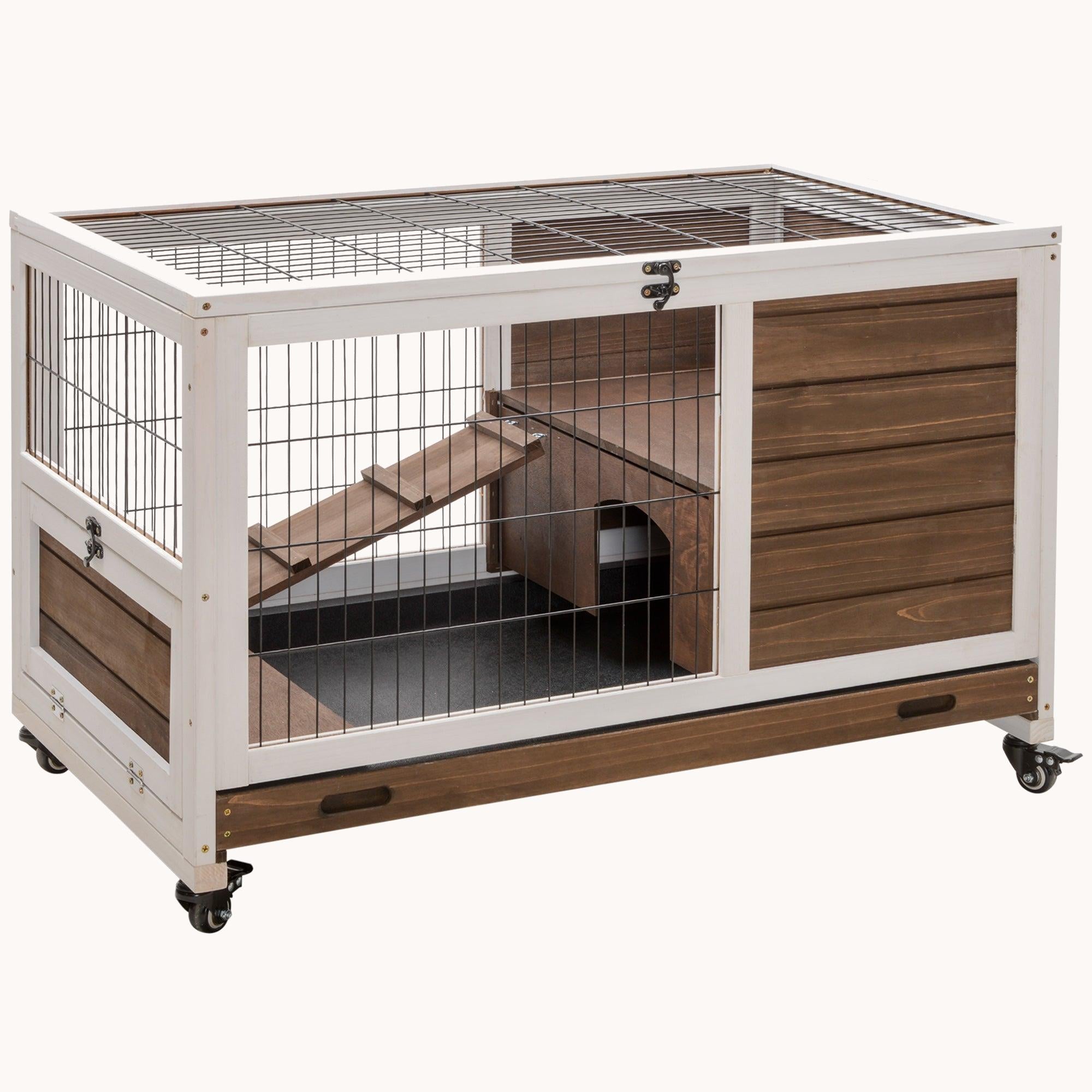 36" Elevated Bunny Cage Indoor/Outdoor with Wheels for Small Pets Brown