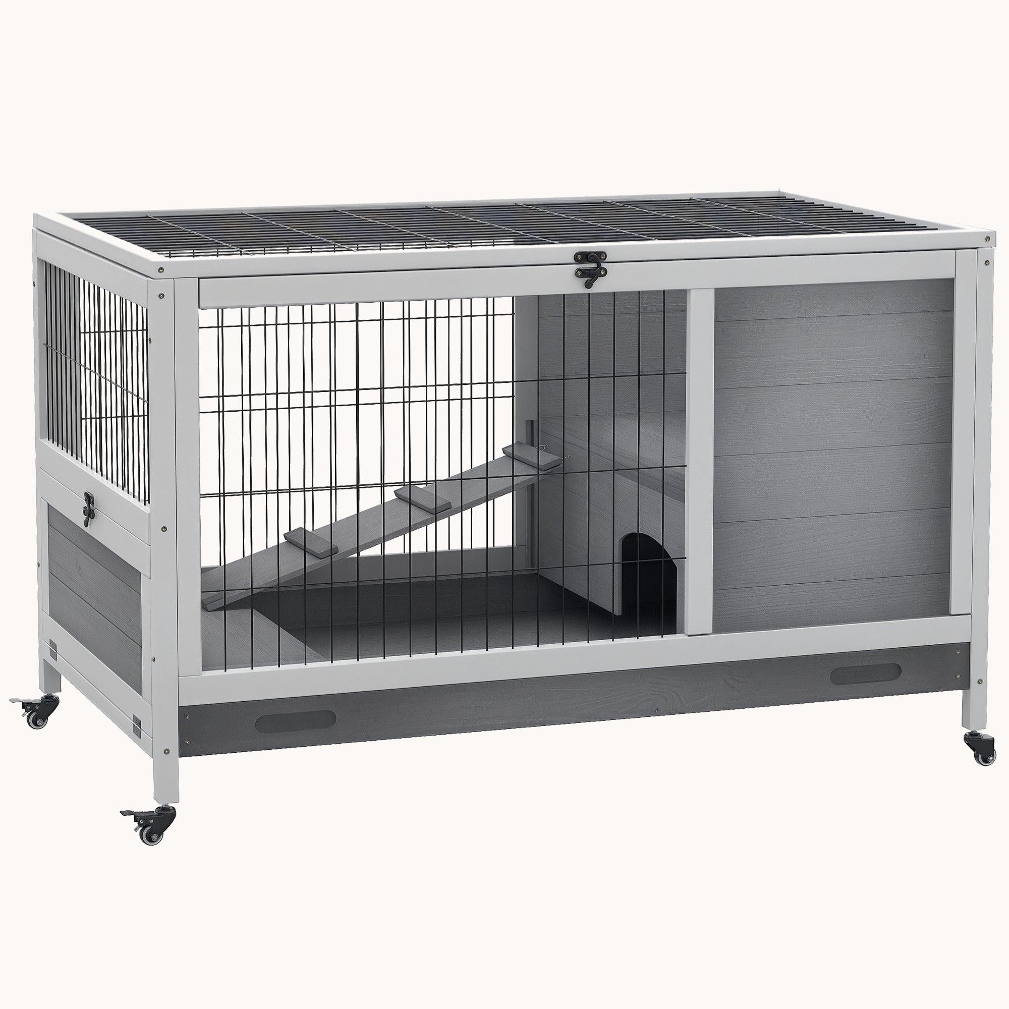 Compact Rolling Wooden Rabbit Hutch with Easy-Clean Access Gray