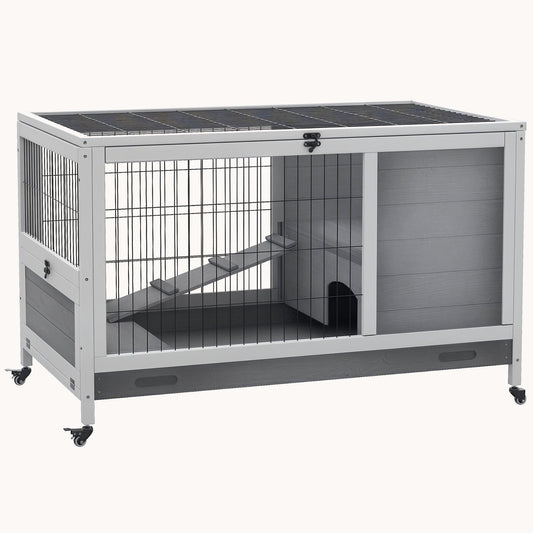 Compact Rolling Wooden Rabbit Hutch with Easy-Clean Access Gray