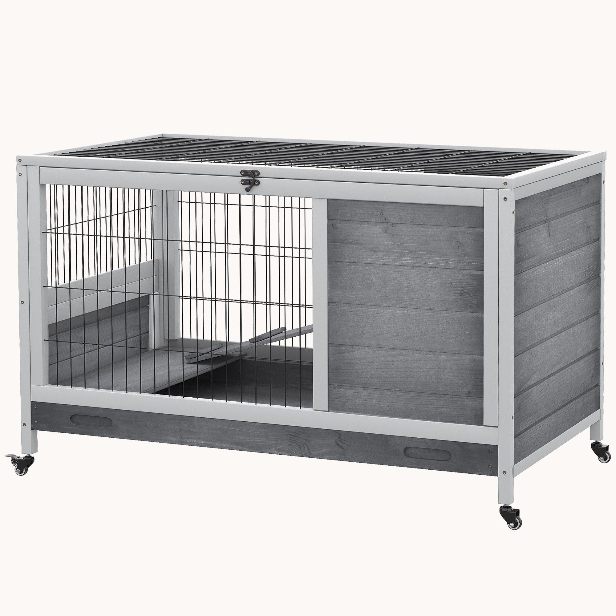 Compact Rolling Wooden Rabbit Hutch with Easy-Clean Access Gray