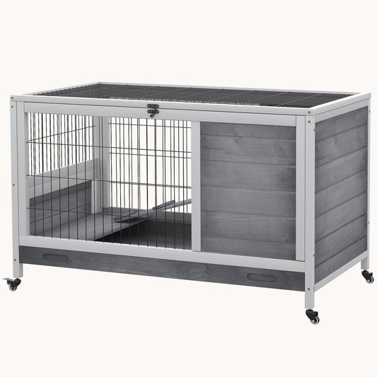 Compact Rolling Wooden Rabbit Hutch with Easy-Clean Access Gray