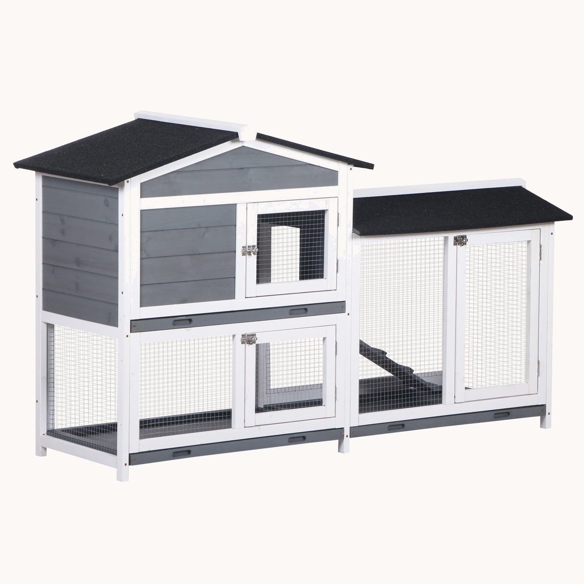 62" Wooden Rabbit Hutch with Run & Easy Clean Tray Gray