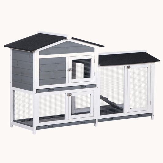 62" Wooden Rabbit Hutch with Run & Easy Clean Tray Gray