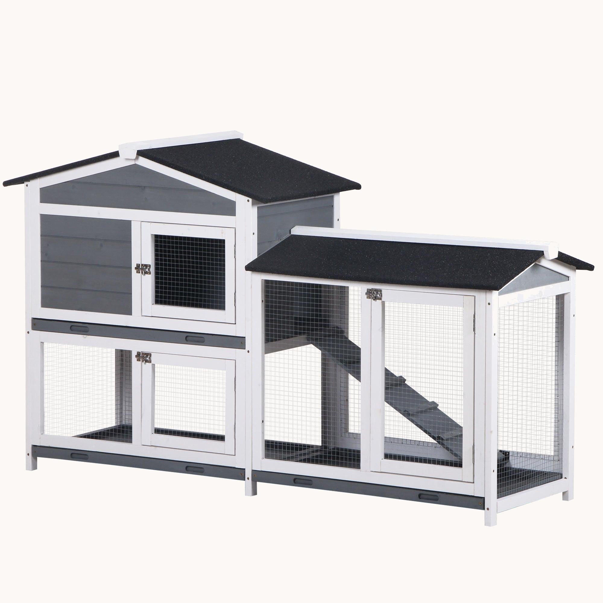 62" Wooden Rabbit Hutch with Run & Easy Clean Tray Gray