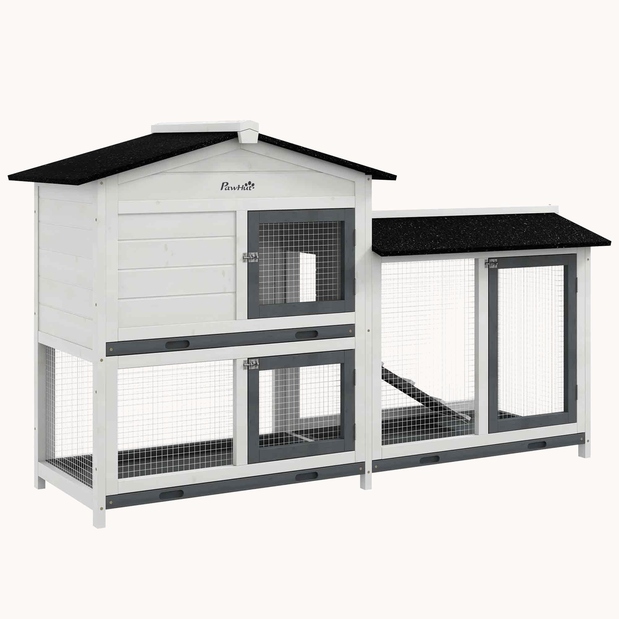 62" Wooden Rabbit Hutch with Run Area, Removable Tray, Asphalt Roof, Lockable Doors, White