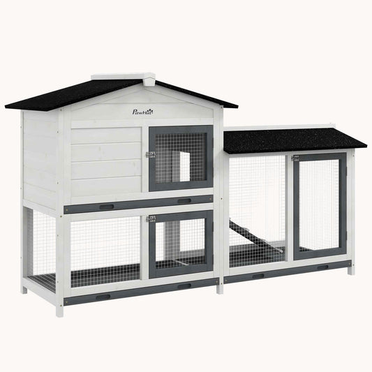 62" Wooden Rabbit Hutch with Run Area, Removable Tray, Asphalt Roof, Lockable Doors, White