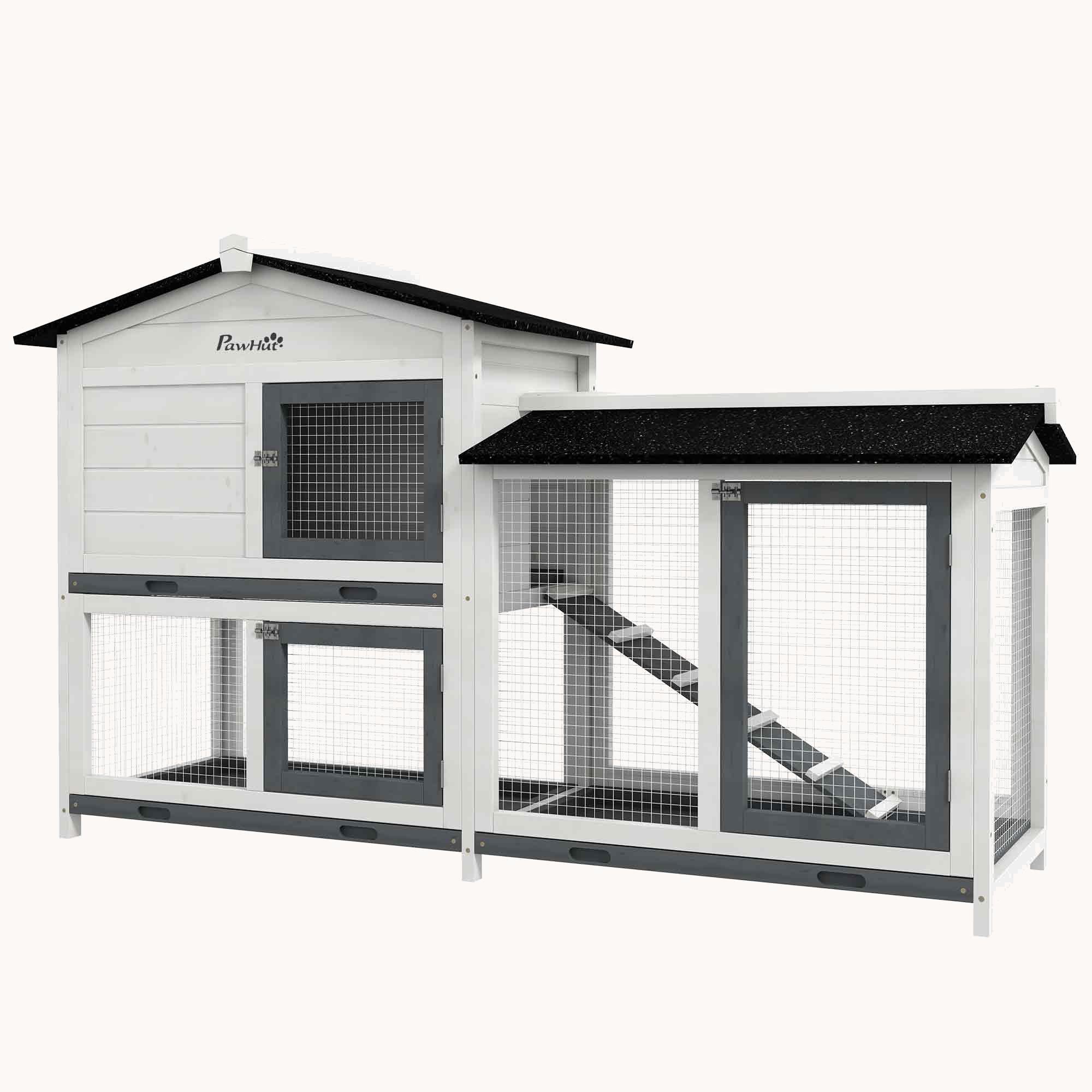 62" Wooden Rabbit Hutch with Run Area, Removable Tray, Asphalt Roof, Lockable Doors, White