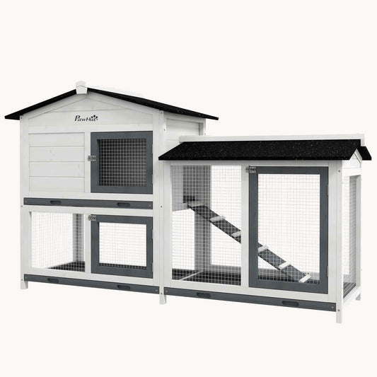 62" Wooden Rabbit Hutch with Run Area, Removable Tray, Asphalt Roof, Lockable Doors, White
