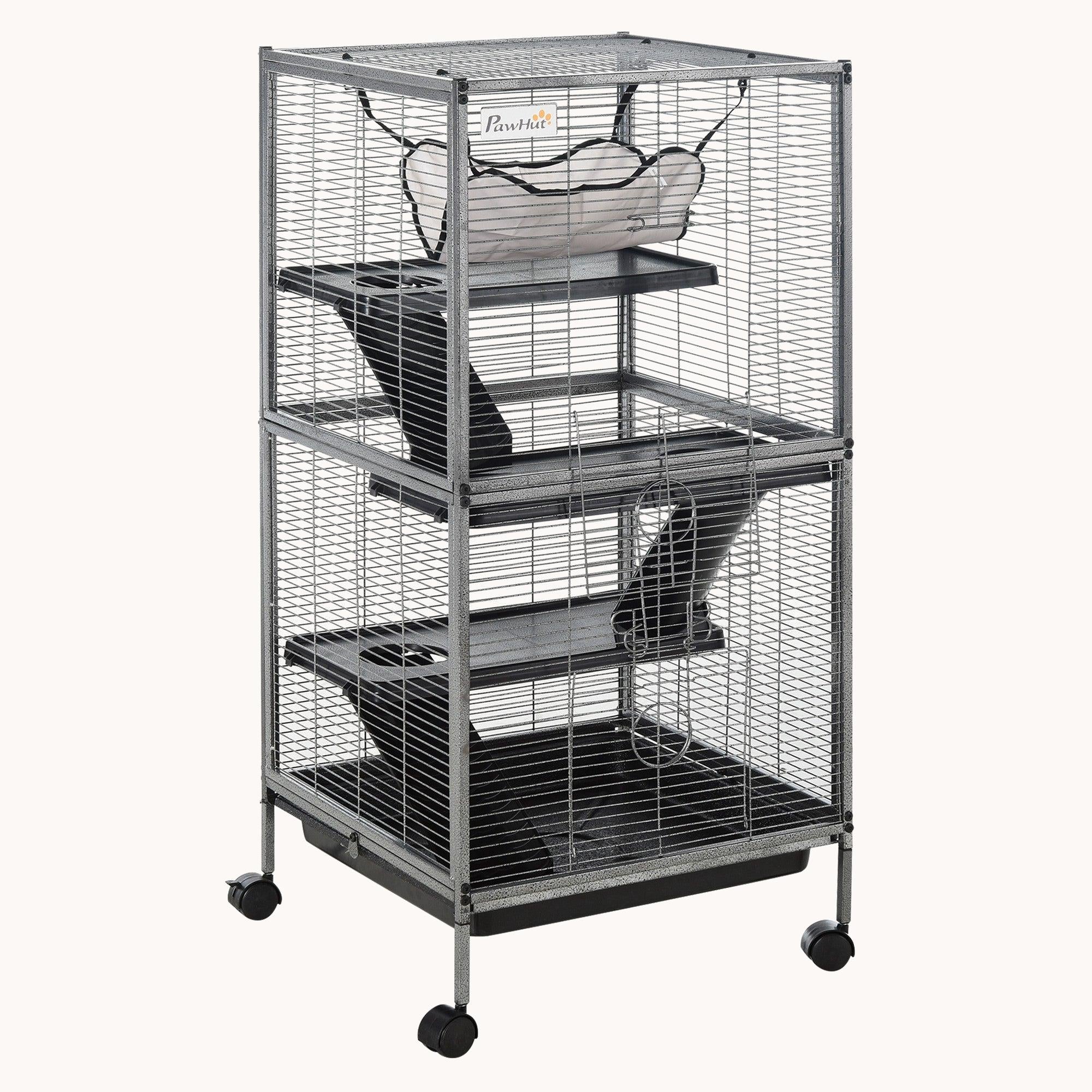 4-Tier Small Animal Cage with Wheels Hammock Removable Tray Gray