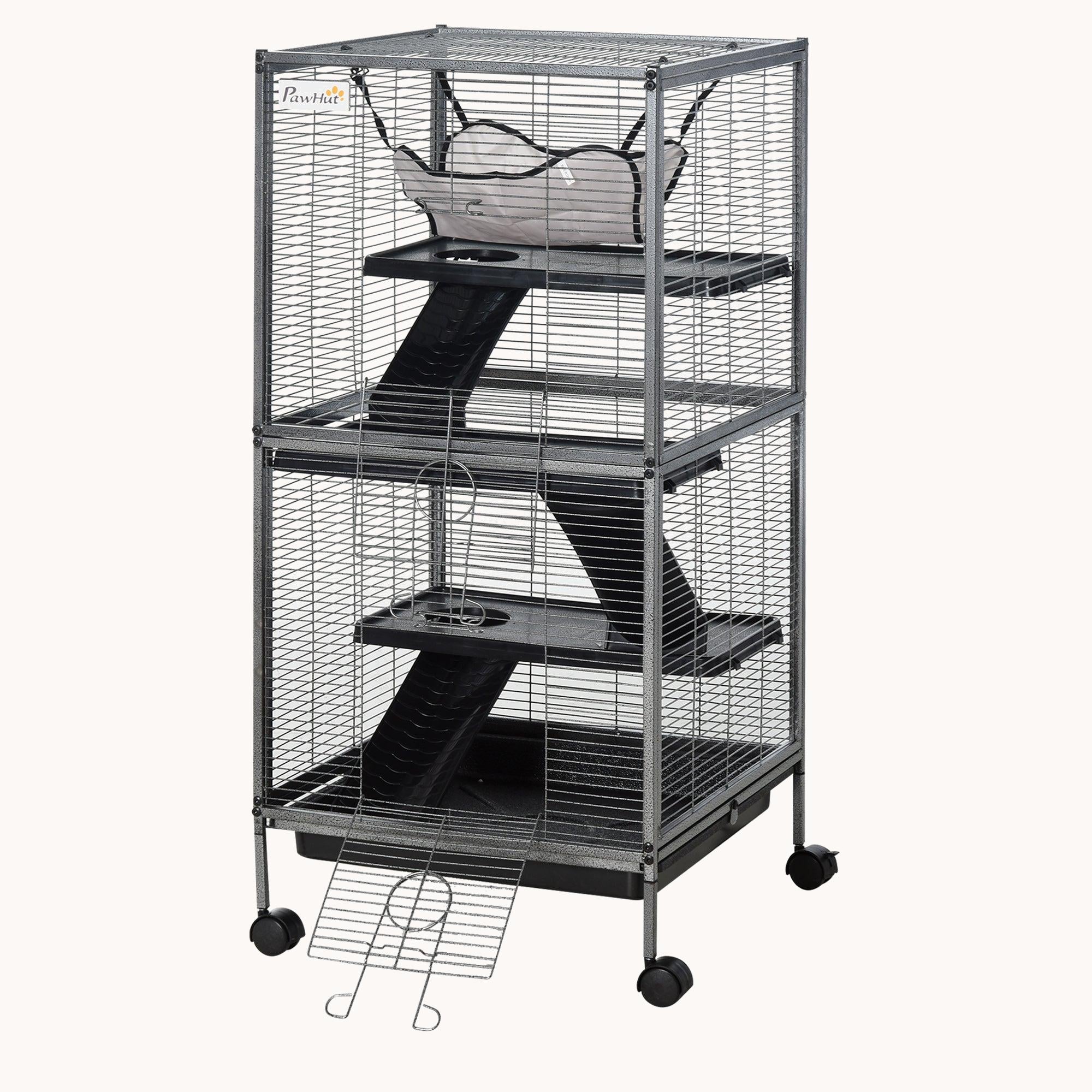 4-Tier Small Animal Cage with Wheels Hammock Removable Tray Gray