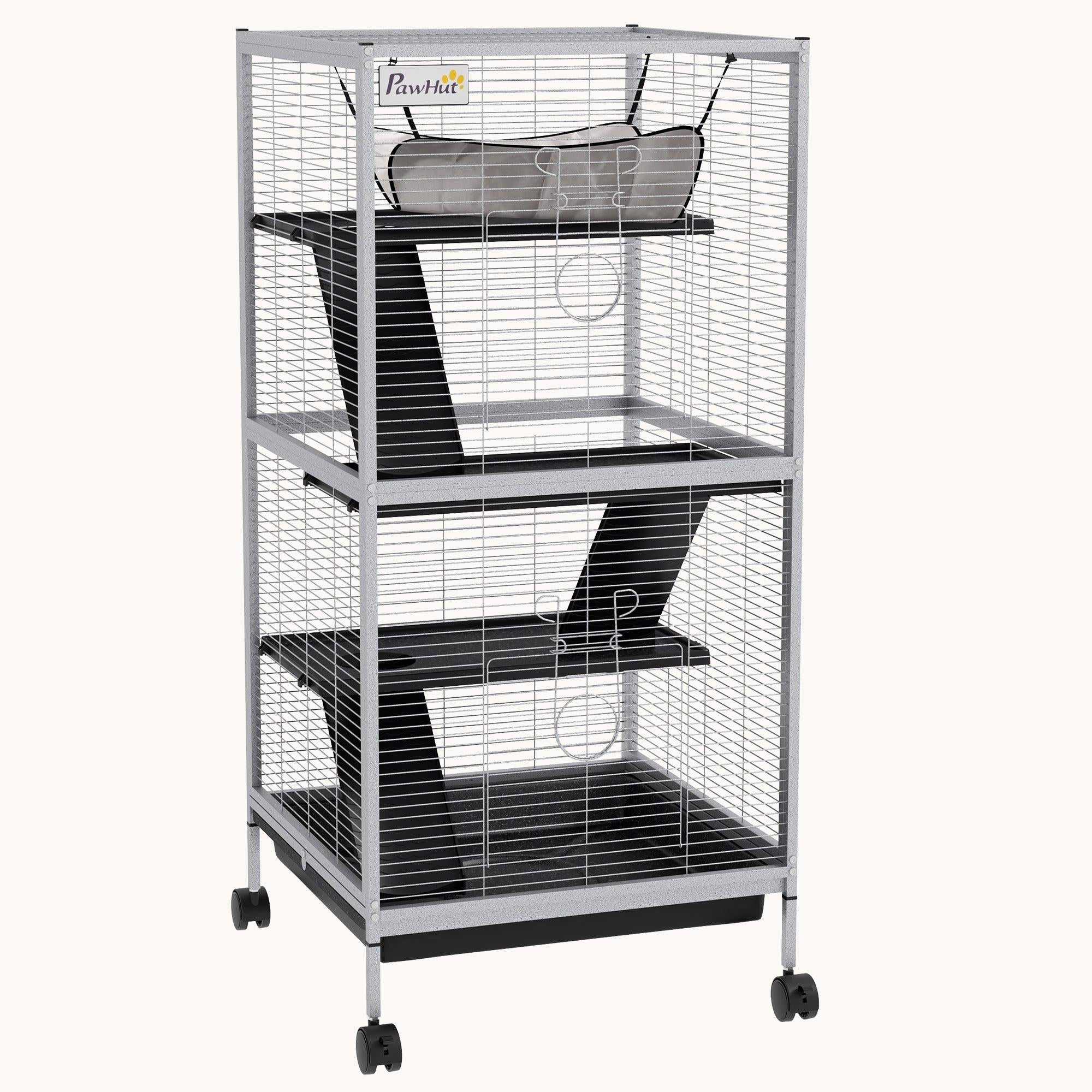 4-Tier Small Animal Cage with Wheels Hammock Removable Tray Light Gray