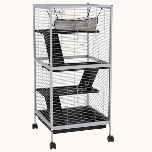 4-Tier Small Animal Cage with Wheels Hammock Removable Tray Light Gray