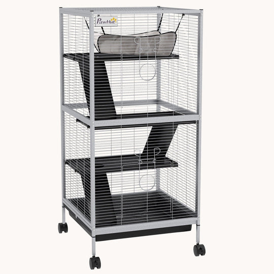 4-Tier Small Animal Cage with Wheels Hammock Removable Tray Light Gray