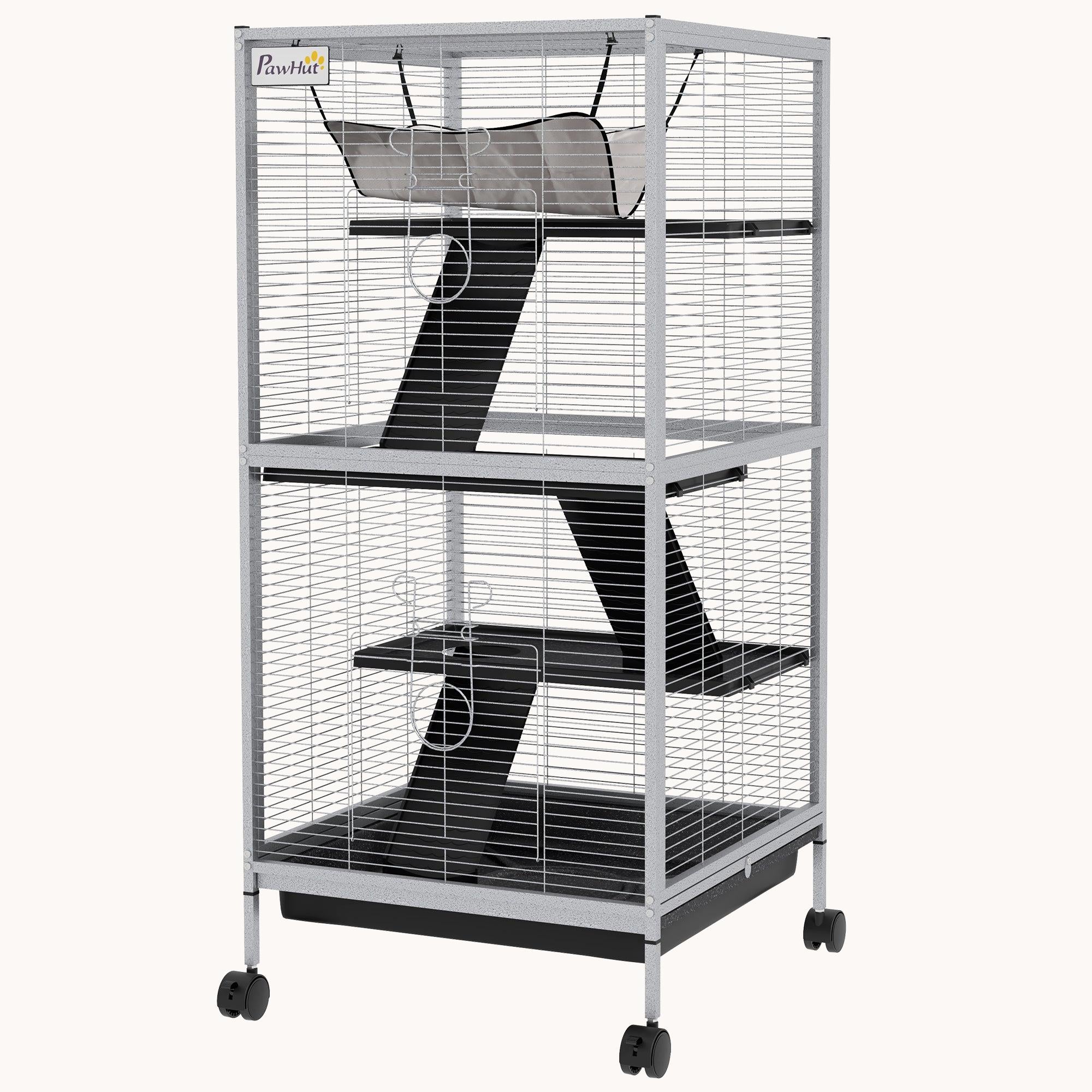 4-Tier Small Animal Cage with Wheels Hammock Removable Tray Light Gray