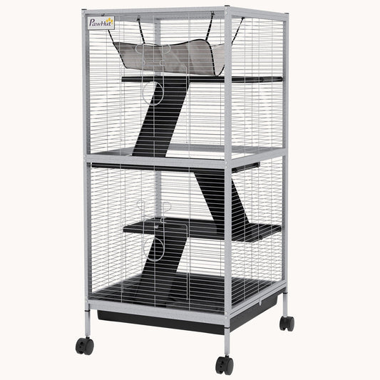 4-Tier Small Animal Cage with Wheels Hammock Removable Tray Light Gray