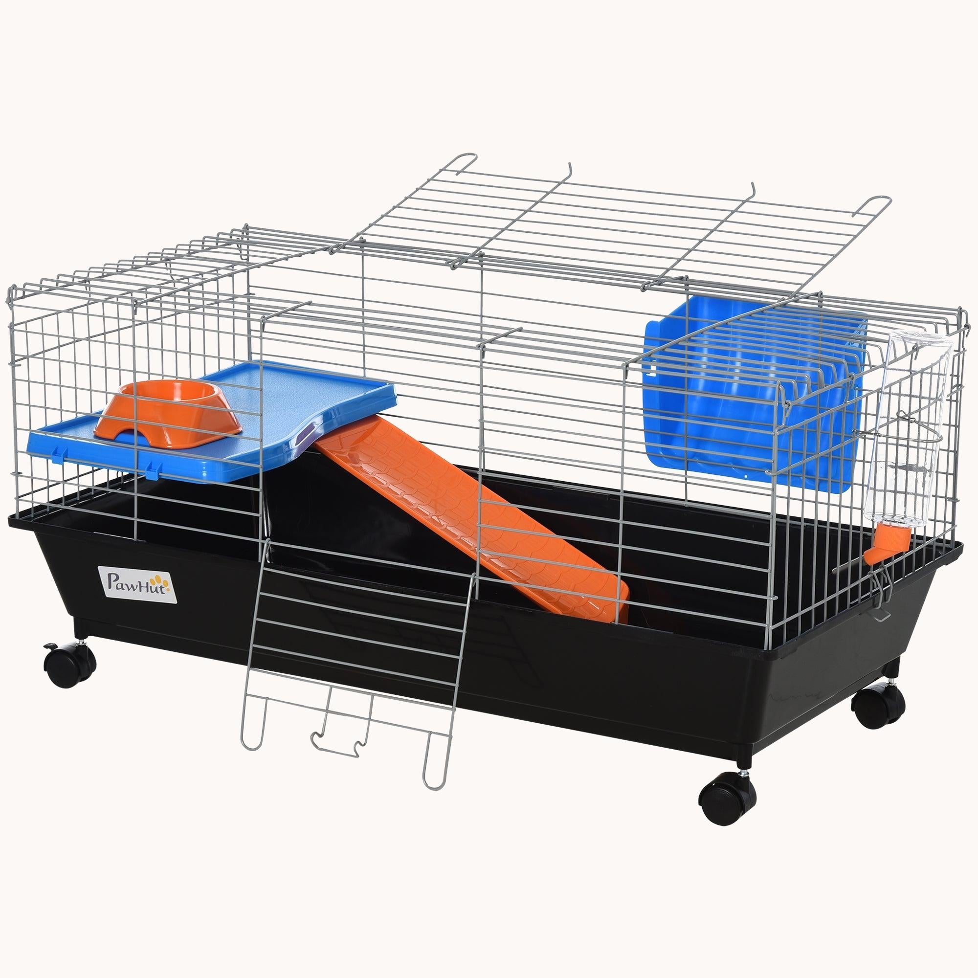 35"L Rolling Small Animal Cage with Platform, Ramp, Food Dish, Water Bottle - Black