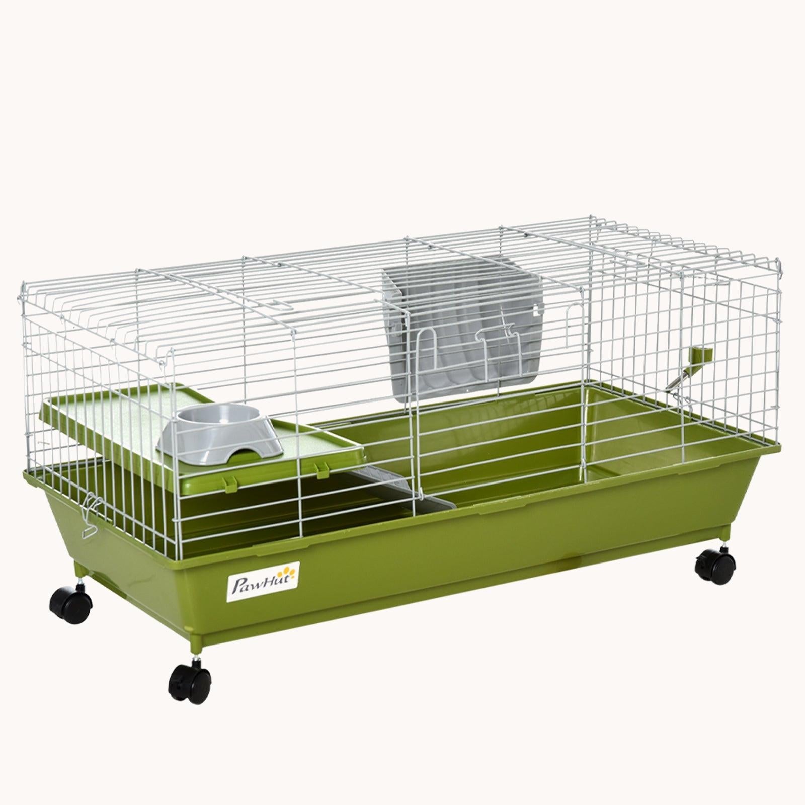 35"L Small Animal Cage with Wheels, Food Dish, Water Bottle & Platform, Green