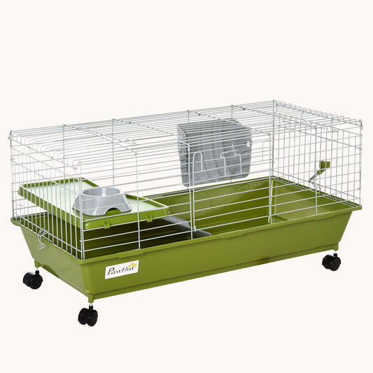 35"L Small Animal Cage with Wheels, Food Dish, Water Bottle & Platform, Green