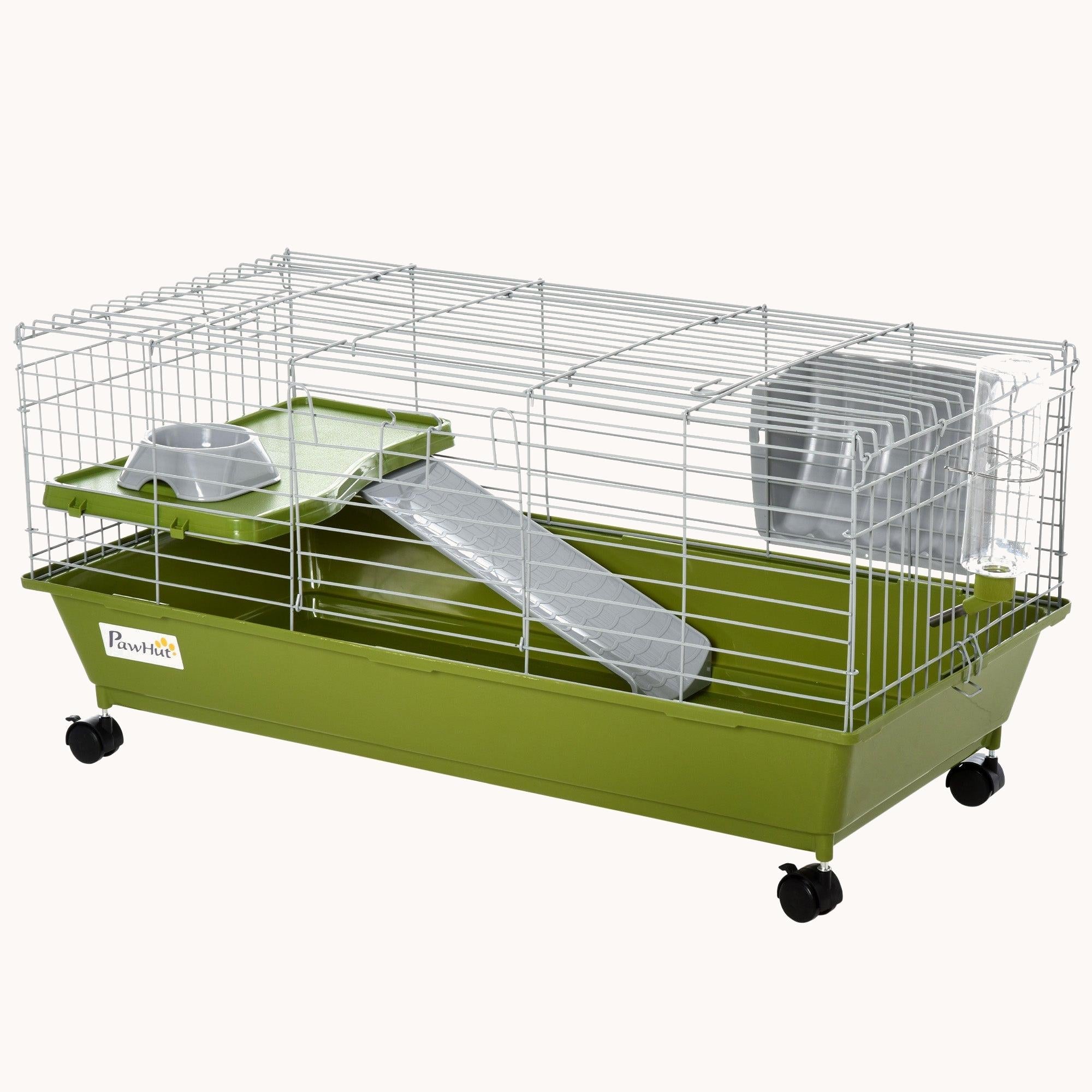 35"L Small Animal Cage with Wheels, Food Dish, Water Bottle & Platform, Green