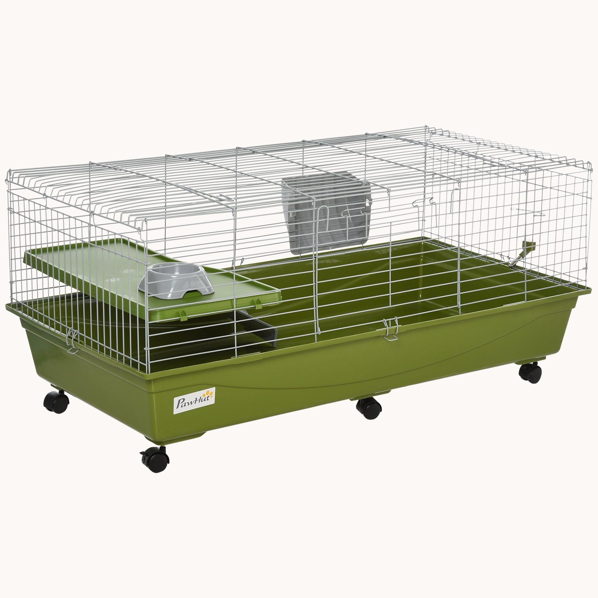 47" Small Animal Cage with Wheels, Food Dish, Water Bottle, Platform, Green