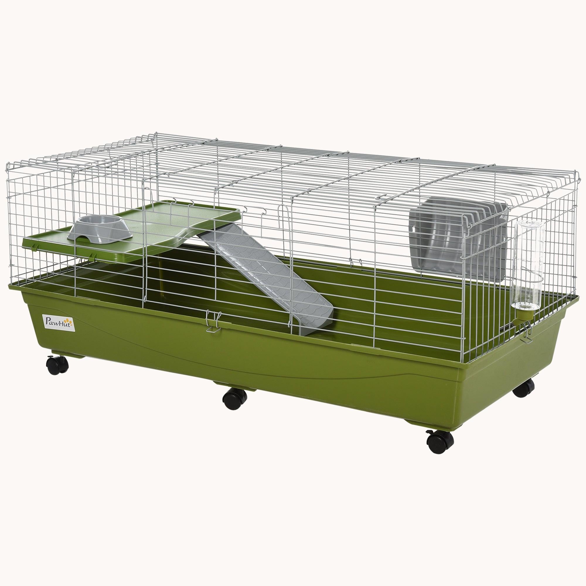 47" Small Animal Cage with Wheels, Food Dish, Water Bottle, Platform, Green