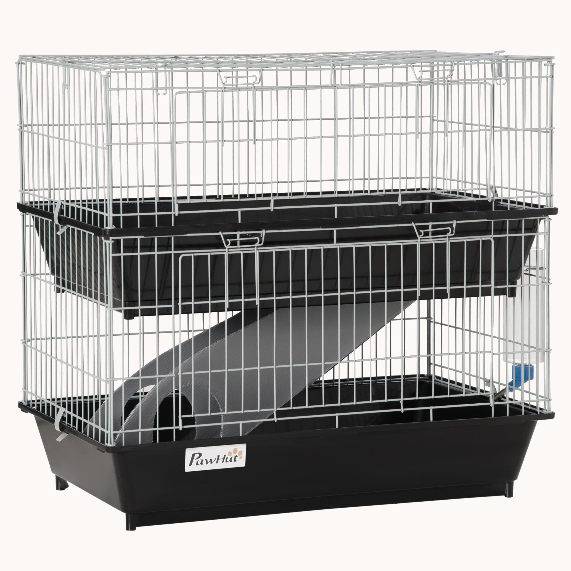 28", 2-Tier Small Animal Cage with Ramp, 2 Doors, Deep Tray, Black