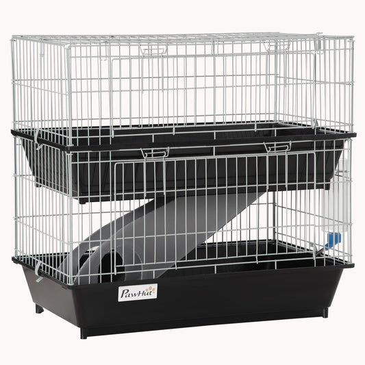 28", 2-Tier Small Animal Cage with Ramp, 2 Doors, Deep Tray, Black