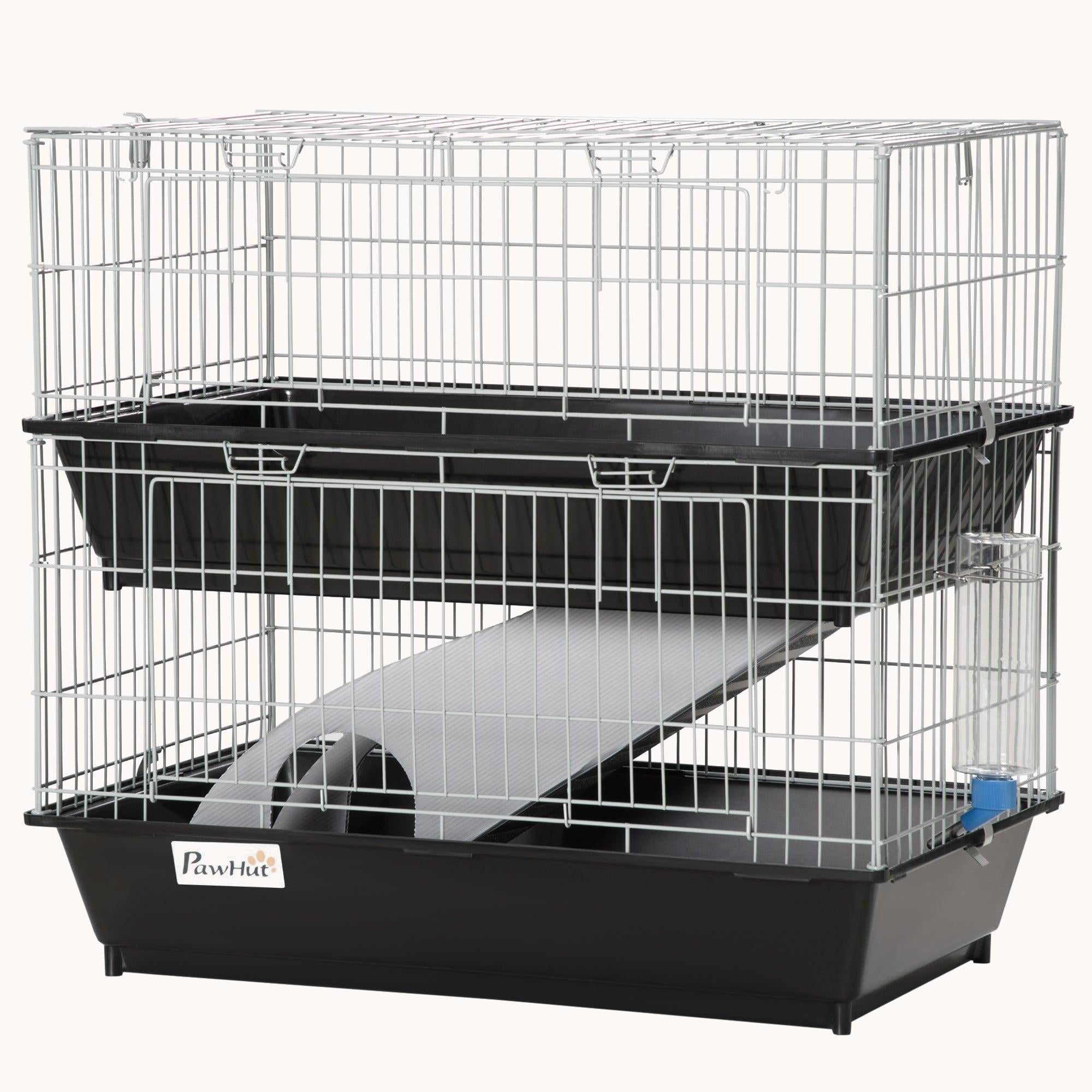 28", 2-Tier Small Animal Cage with Ramp, 2 Doors, Deep Tray, Black