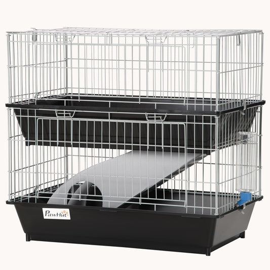 28", 2-Tier Small Animal Cage with Ramp, 2 Doors, Deep Tray, Black