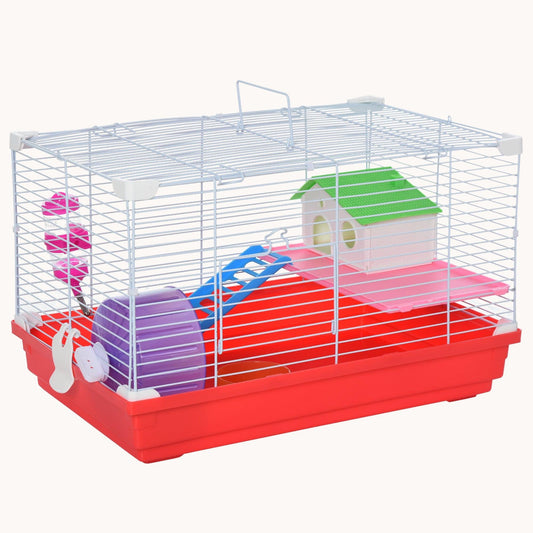 18.5" Hamster Cage with 2-Story Design, Exercise Wheel, Water Bottle & Accessories, Red