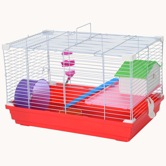 18.5" Hamster Cage with 2-Story Design, Exercise Wheel, Water Bottle & Accessories, Red