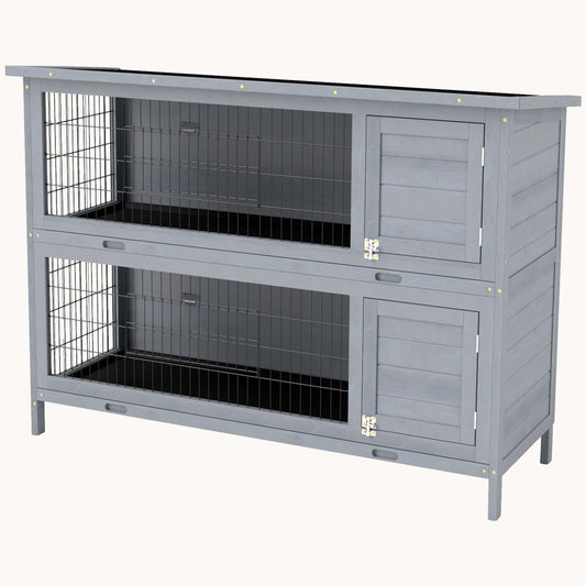 54" Two-Story Large Rabbit Hutch with Lockable Doors, Waterproof Roof & No-Leak Tray Grey