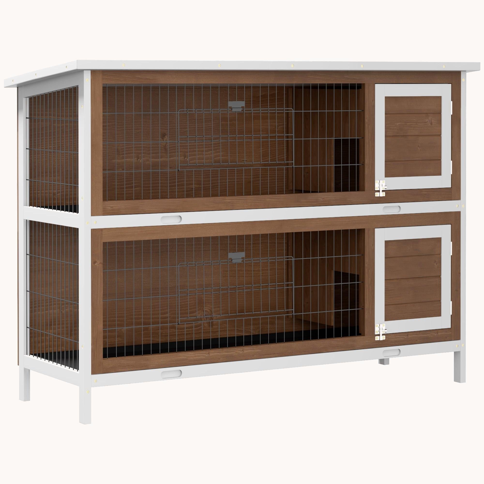 54" Two-Story Large Rabbit Hutch with Lockable Doors, Waterproof Roof & No-Leak Tray, Brown