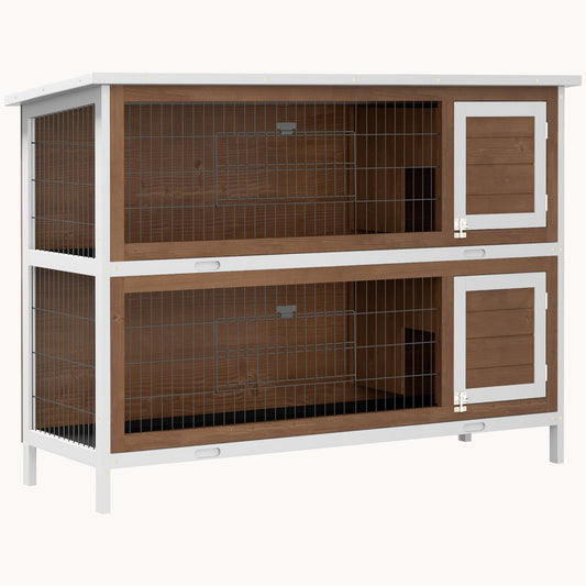 54" Two-Story Large Rabbit Hutch with Lockable Doors, Waterproof Roof & No-Leak Tray, Brown