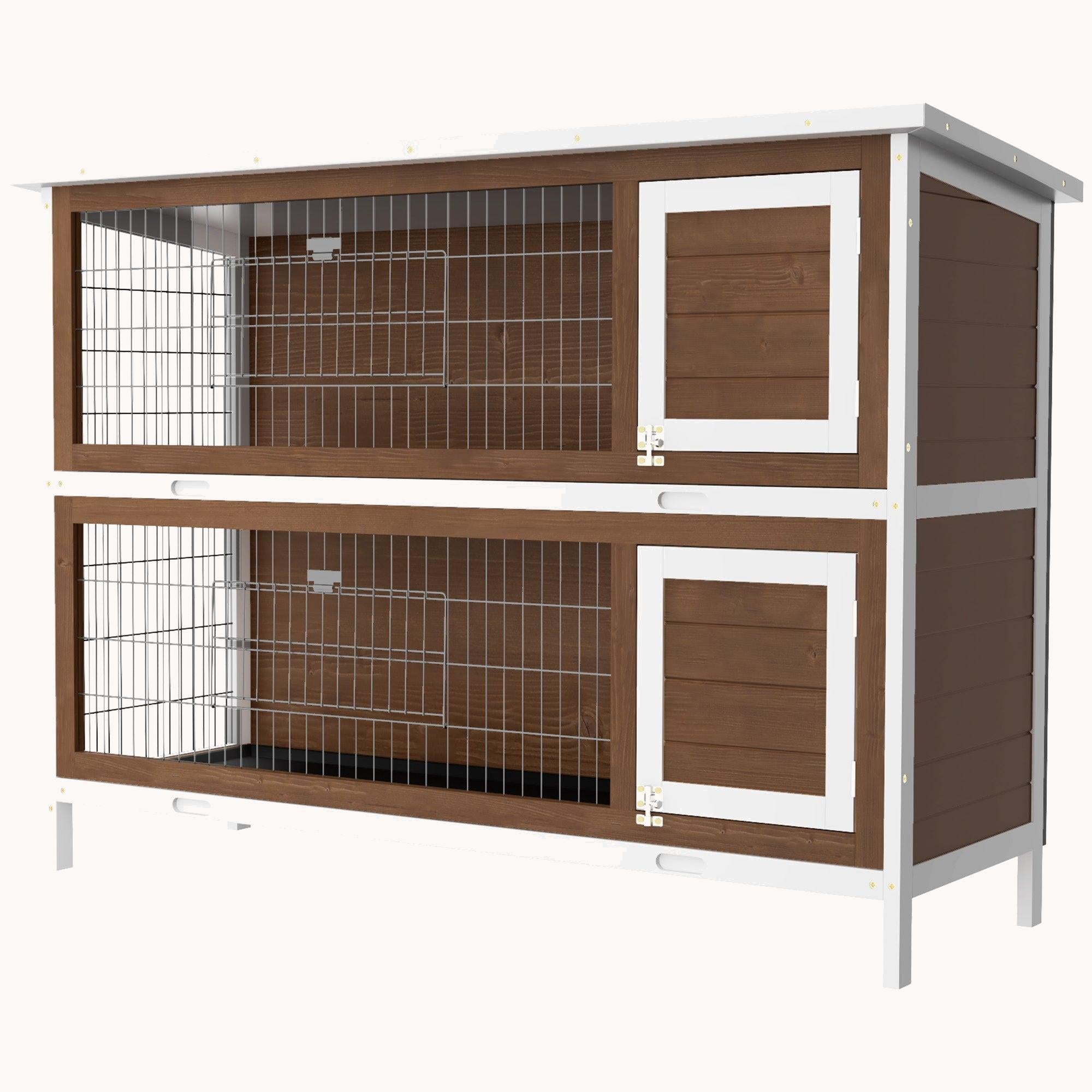 54" Two-Story Large Rabbit Hutch with Lockable Doors, Waterproof Roof & No-Leak Tray, Brown