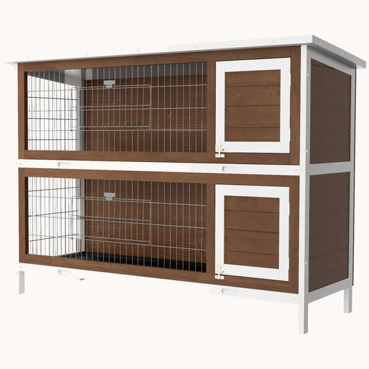 54" Two-Story Large Rabbit Hutch with Lockable Doors, Waterproof Roof & No-Leak Tray, Brown