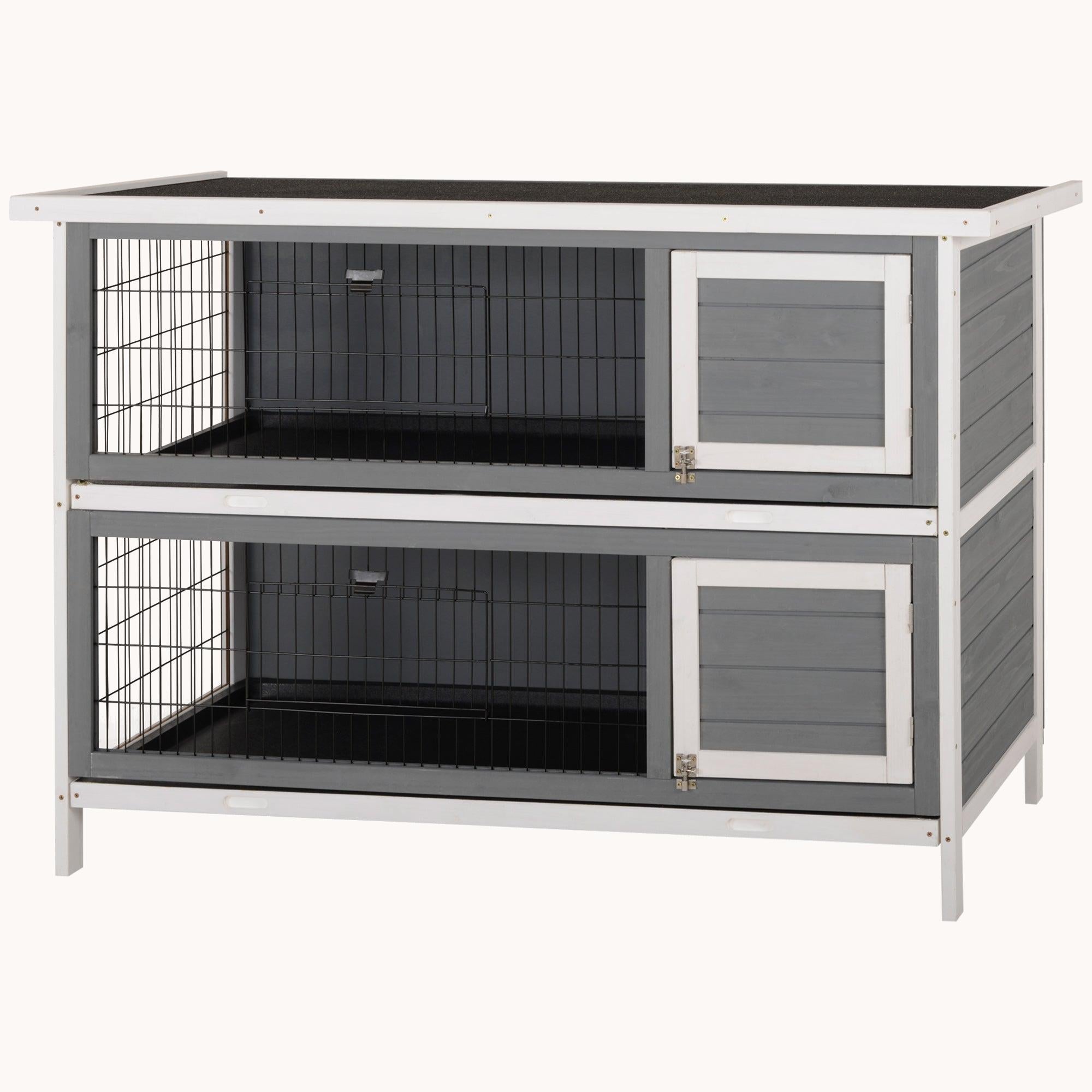 54" Two-Story Large Rabbit Hutch with Lockable Doors, Waterproof Roof & No-Leak Tray Gray/White