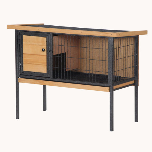 Elevated Metal Frame Rabbit Hutch with No-Leak Tray & Waterproof Roof, Natural Wood
